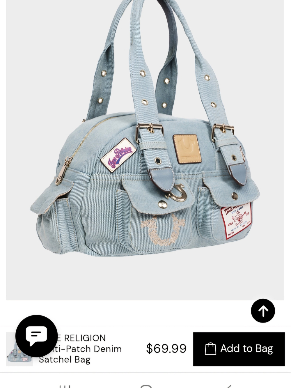 True Religion Pale Blue Denim Satchel with Patch Accents - Picture 3 of 3